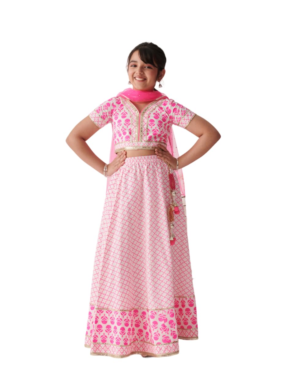 Pspeaches Girl's Cotton Readymade Lehenga Choli Set, (L-Pinkwtbooti-8- Pink_8-10Y)