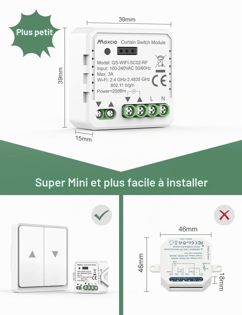 Maxcio Mini Interrupteur Volet Roulant Connecté, Module Relais De Commande De Volet Roulant Wifi Avec Fonction Pourcentage, Minuterie, Commande Vocale, Compatible Avec Alexa, Google Home, 4 Packs