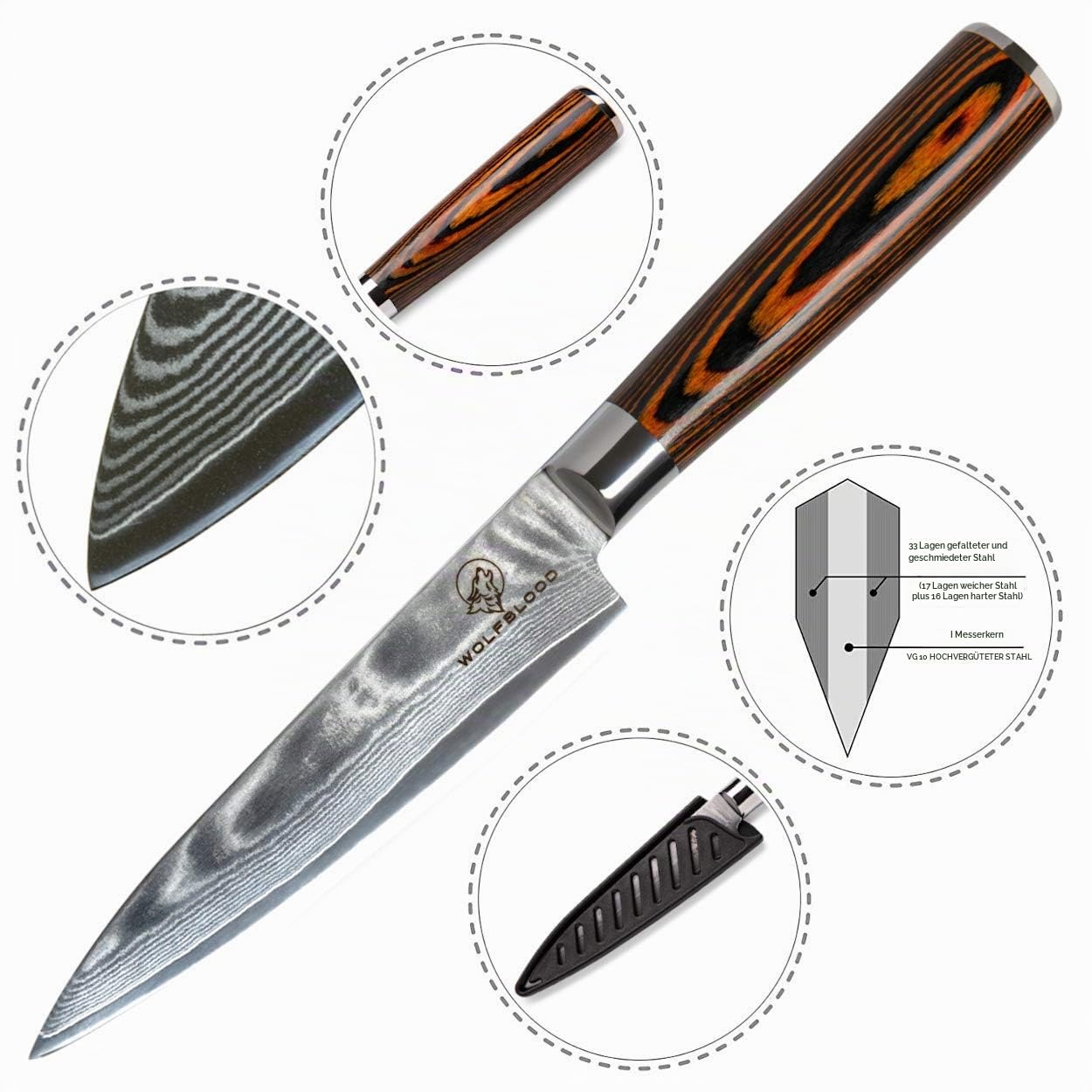 Wolfblood Damastmesser L 24cm Chefmesser aus echtem 67 Lagen Damaststahl