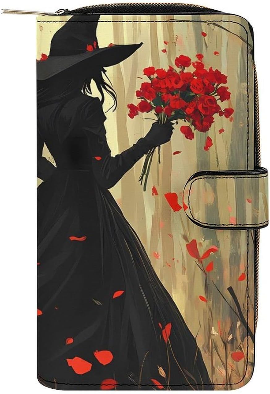 Young Witch Hold Flowers Funny Long Slim Bifold Wallet Card Holder Purse with Buckle for Men Women