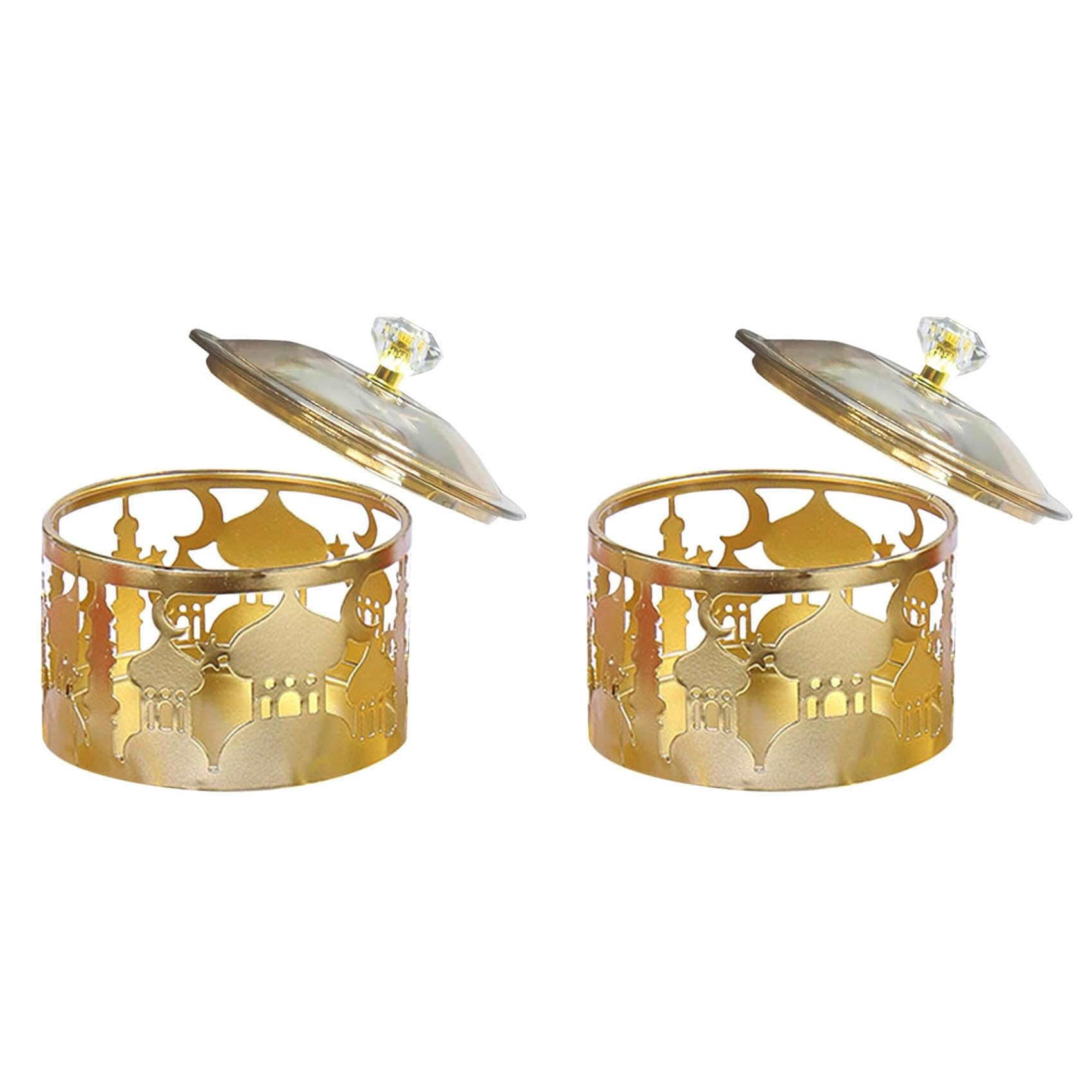 Vjsujehgy 2X Ramadan Trays with Lid - Metal Gold Eid Mubarak Tray Ramadan Plate Candy Dish Food Container Cookie Trinket Box