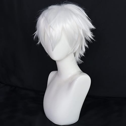 Miniatura 3 de Anogol Gorro de pelo + peluca corta blanca para hombres, peluca blanca para cosplay, peluca blanca corta para Halloween, evento de Navidad, fiesta