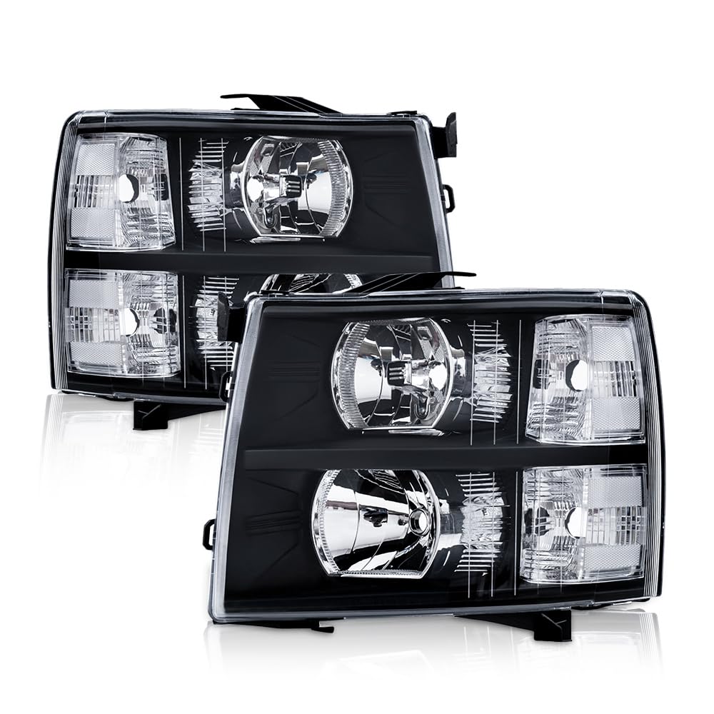 Photo 1 of G-PLUS Headlights Assembly, Compatible with 2007 2008 2009 2010 2011 2012 2013 2014 Chevy Silverado bumper Headlamp, Clear lens Black Housing Clear Reflector Basic Style Clear lens Black Housing Clear Reflector