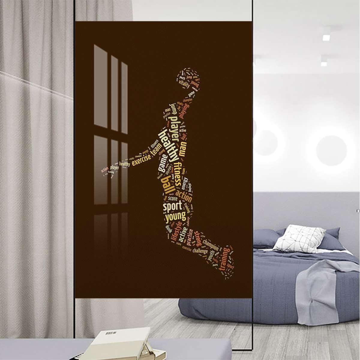 Multicolor Non-Adhesive Window Privacy Film Basketball Player Silhouette Window Film Stained Glass Film Frosted Privacy Sports Decor 23.6Wx47.2L-inch