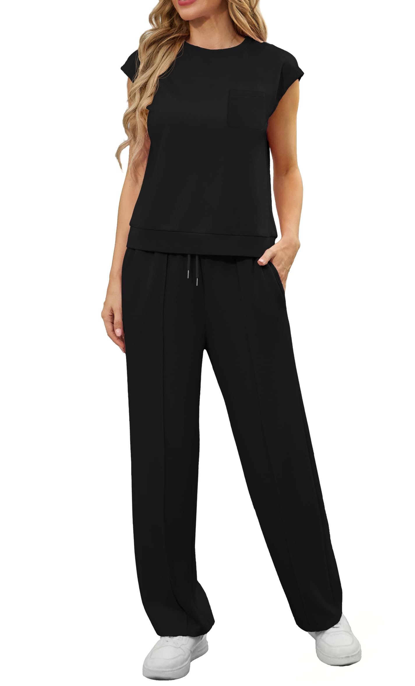 GRECERELLE Conjunto de dos piezas para mujer, conjunto completo de chándal de verano de manga corta para mujer, conjunto completo de ropa de descanso para mujer, cuello redondo, manga casquillo y
