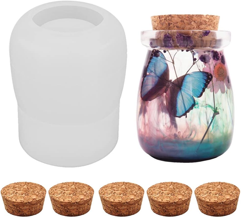 RtottiM Moldes de Resina de Silicona para Botellas Molde de Resina para Tarro de Pudín Moldes Resina Epoxi Molde Silicona Soporte Botella para Resina con 5 Corchos para Manualidades Caja Caramelos