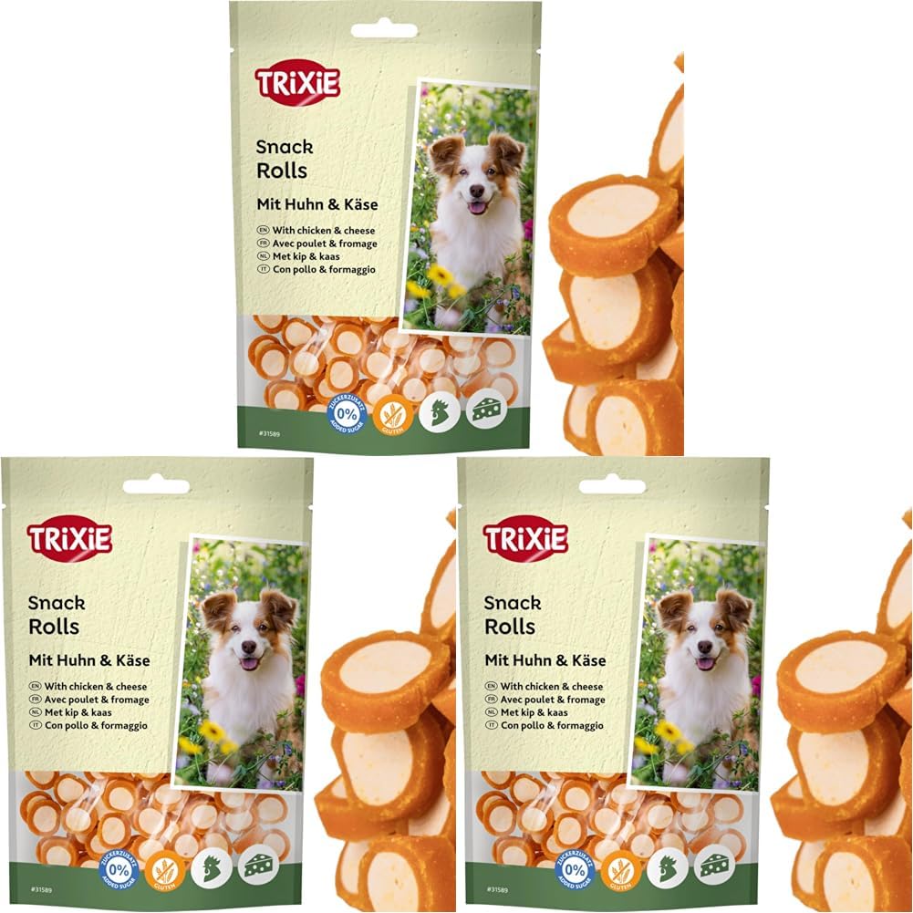 TRIXIE Hundeleckerli Rolls mit Huhn & Käse Hundesnack - herzhaftes Leckerli mit Hähnchenfleisch, ohne Zuckerzusatz und Gluten 100 g - 31589 (Packung mit 3)