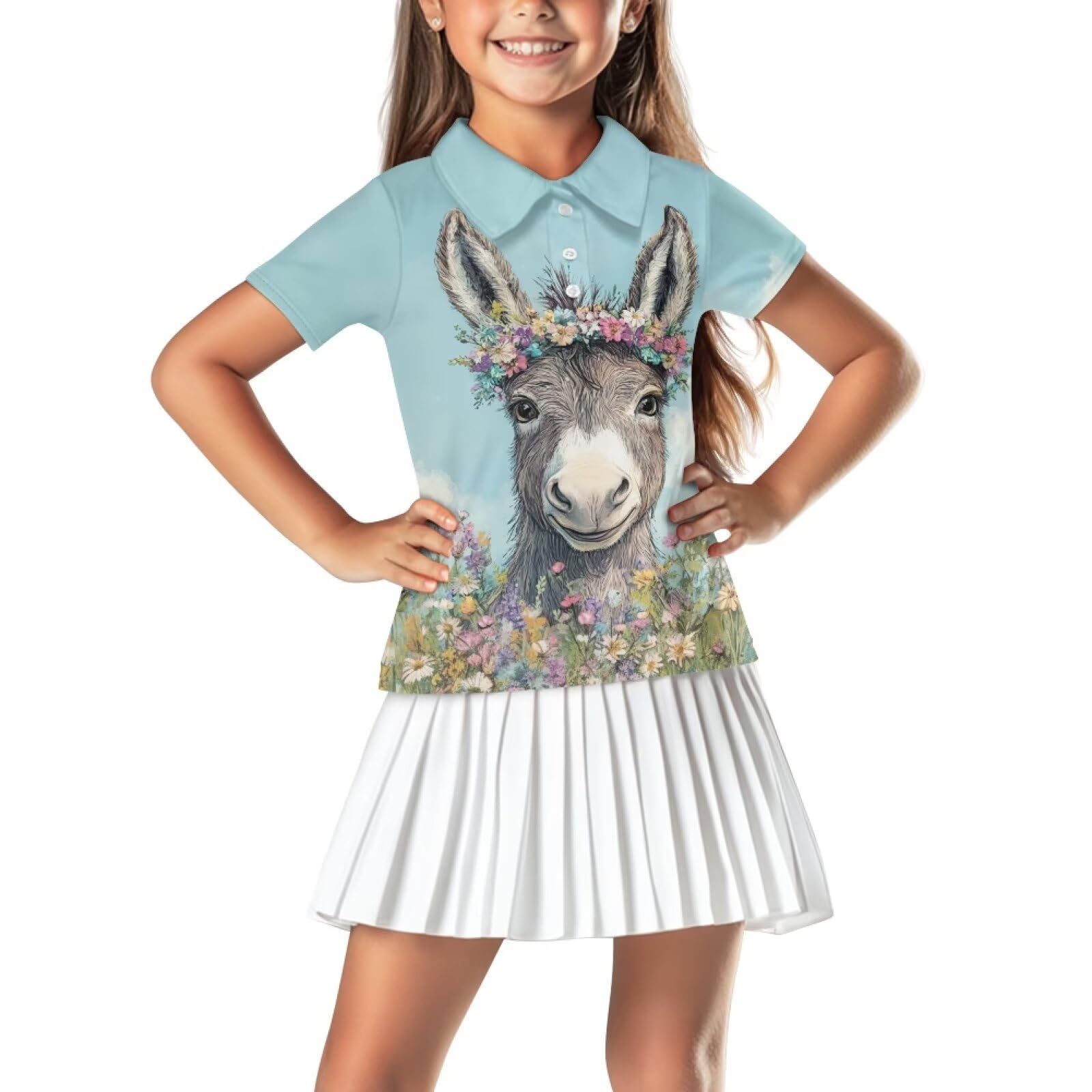 Xpyiqun Donkey Tennis T-Shirts Size 5-6 Flower Short Sleeve Golf Shirt for Girls Summer Dry Fit Button Collared Graphic Tshirts Pullover Top Golf Attire Athletic Uniform Kids Slim School Outfits