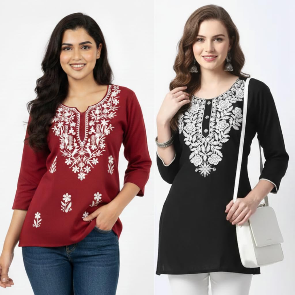Women's Rayon Kashmiri Embroidered Short Kurti | Stylish and Comfortable Kashmiri Short Kurti Tops for Casual Or Special Occasions | Pack of 2 Combo |-picture-41