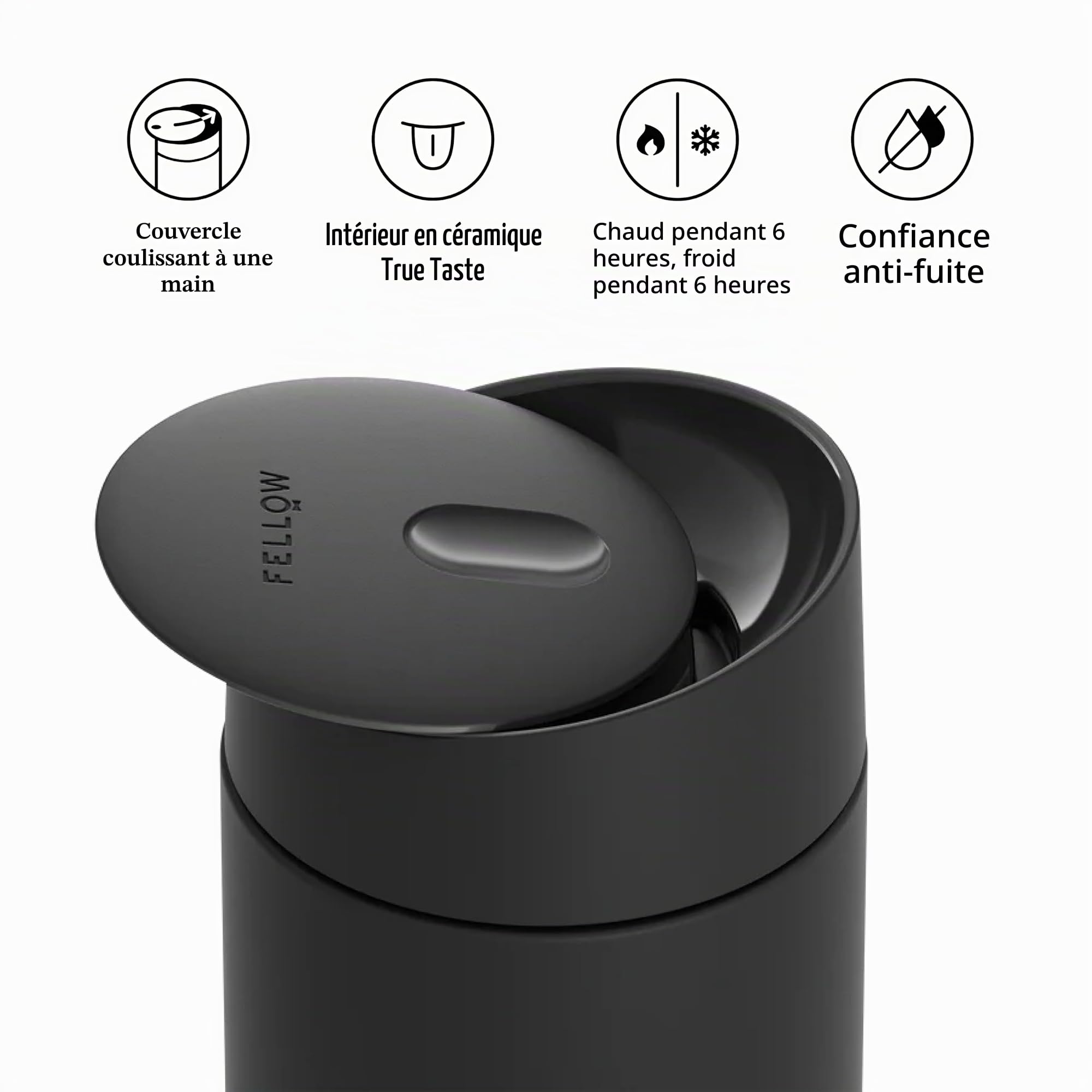 Fellow Carter Move Tasse à café de voyage avec couvercle à verrouillage coulissant - Gobelet à café anti-fuite avec intérieur en céramique et acier inoxydable isolés sous vide - Noir mat - 450 ml