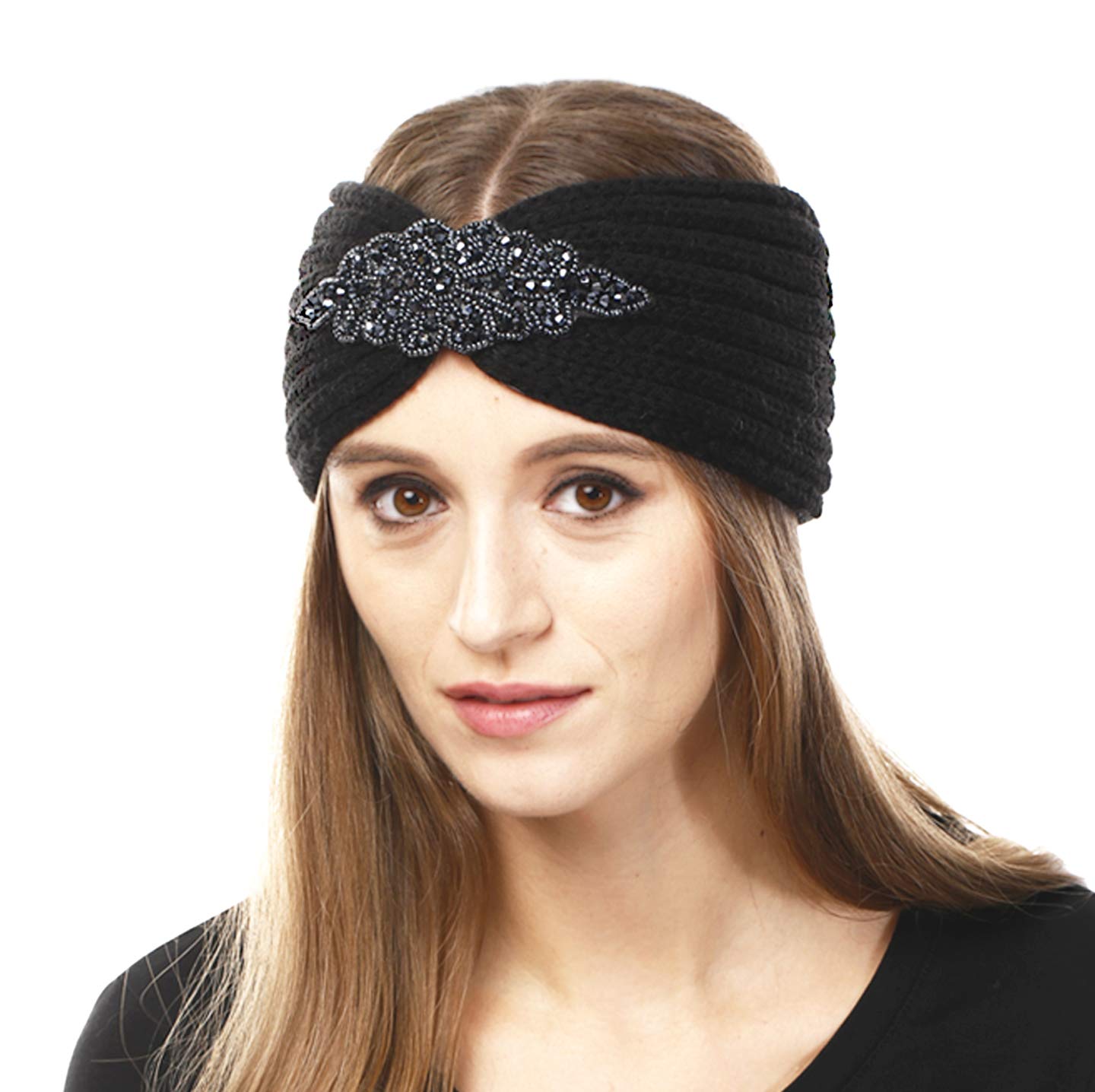 Women's Winter Soft Warm Knit Head Band Ear Warmer Head Wrap (Flower Beaded- Black)