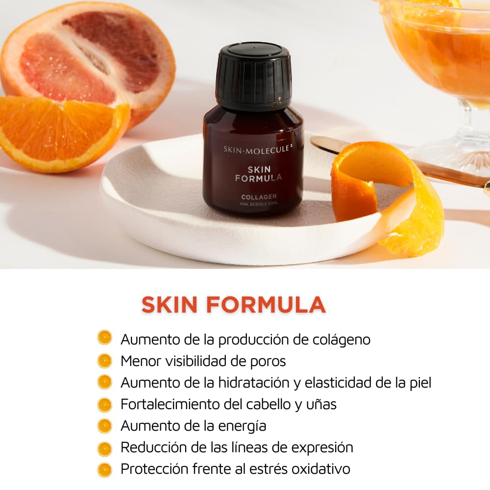 SKIN MOLECULE X - Skin Fórmula - Colágeno Marino Peptan® con Ácido Halurónico, Coenzima Q10, Vitaminas y Minerales, Colágeno Bebible | Rejuvenece e Hidrata la Piel, Fortalece Cabello (Plan 27 días)