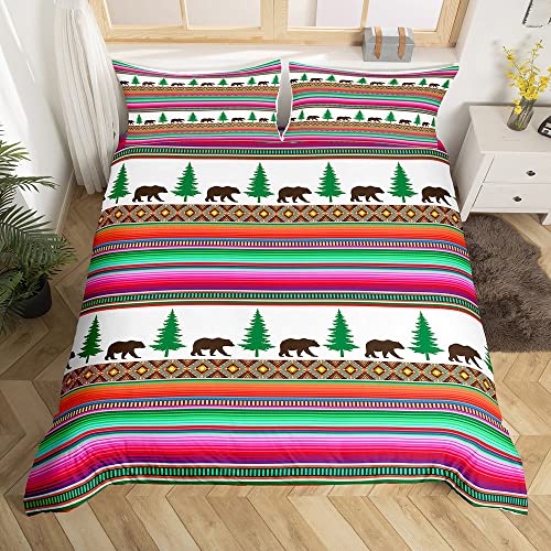 Bear Bedding Sets Rainbow Bohemian Comforter Cover Ombre Pastel Aztec Boho Duvet Cover Set For Kids Girls Women Southwestern Indian Gypsy Stripes Bedspreads Cover With 2 Pillow Cases Full Size #TOP17