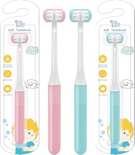 TEKINGMU Cepillos de dientes para niños de 3 caras, cerdas suaves de triple ángulo, cepillo de dientes colorido para niños pequeños, cepillo de