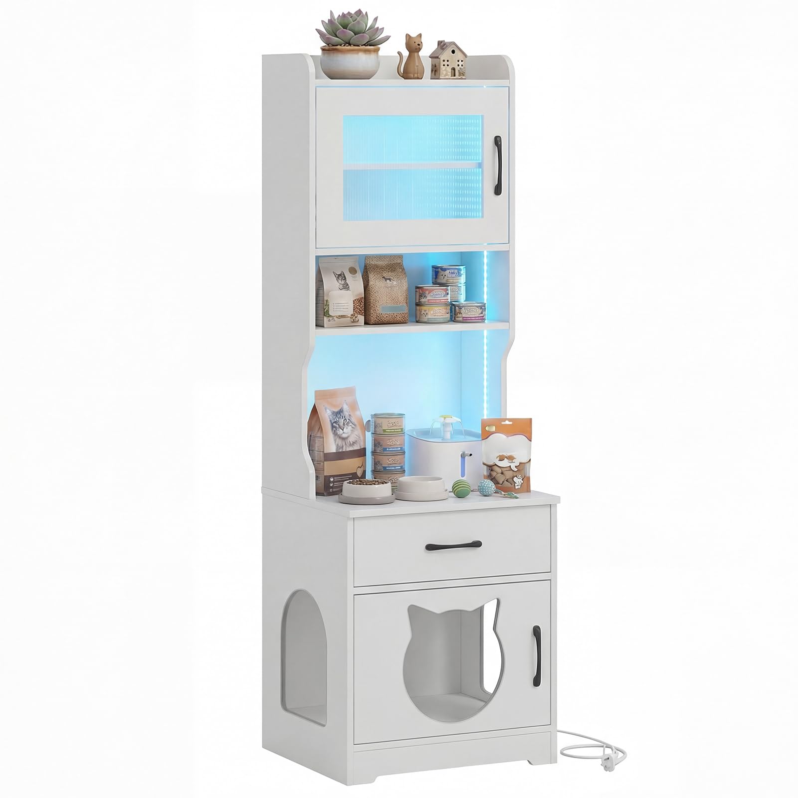 GYMAX Katzenschrank, Katzenklo Schrank mit Ladestation & LED-Licht, 16 Modi, Katzentoilette Schrank hoch mit Schublade, Regalen, Tür & Eingang, Hochschrank, 50 x 45 x 152 cm (Weiß)