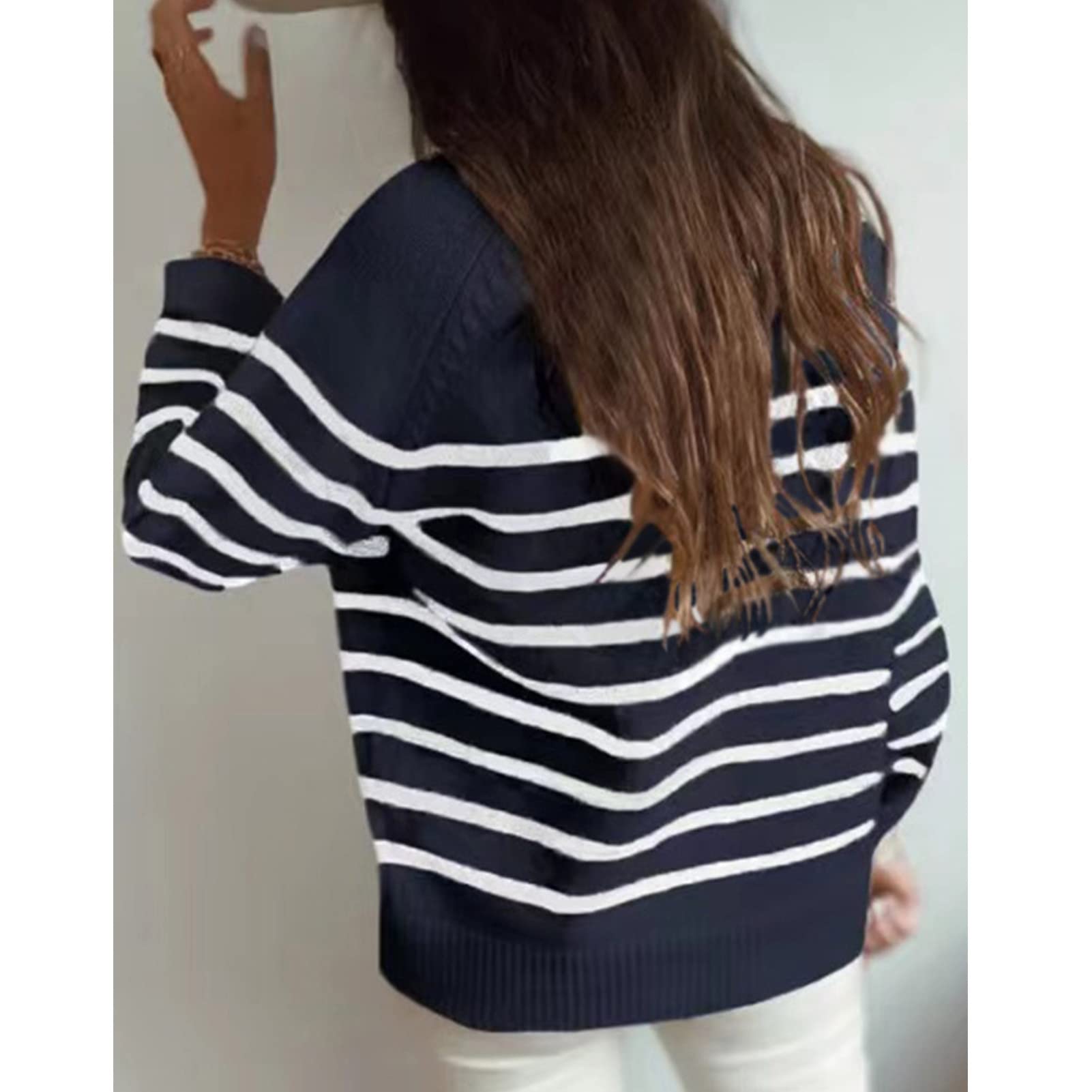 Maglione da donna a righe, girocollo, a maniche lunghe, con bottoni, alla moda, casual, per autunno e inverno