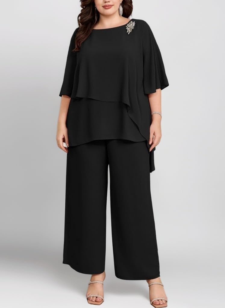 Women's Plus Size Elegant Evening Suit Sets 2-Piece Set Cocktail Party Festive Trouser Suit Two-Piece Chiffon Shirt and High Waist Trouser Suit