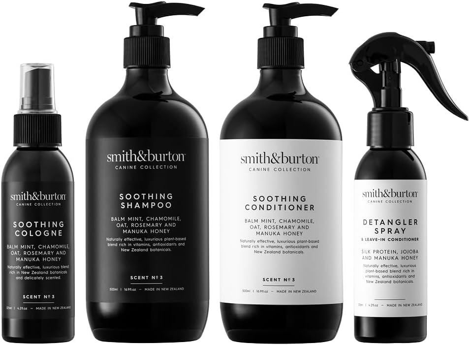 smith&burton Soothing Luxe Grooming Set for Dogs & Cats, 4-Step Shampoo, Conditioner, Cologne & Detangler Spray System for Sensitive Skin, Puppies to Seniors, Hairless Breeds, Greasy Coats,16.9 Fl oz