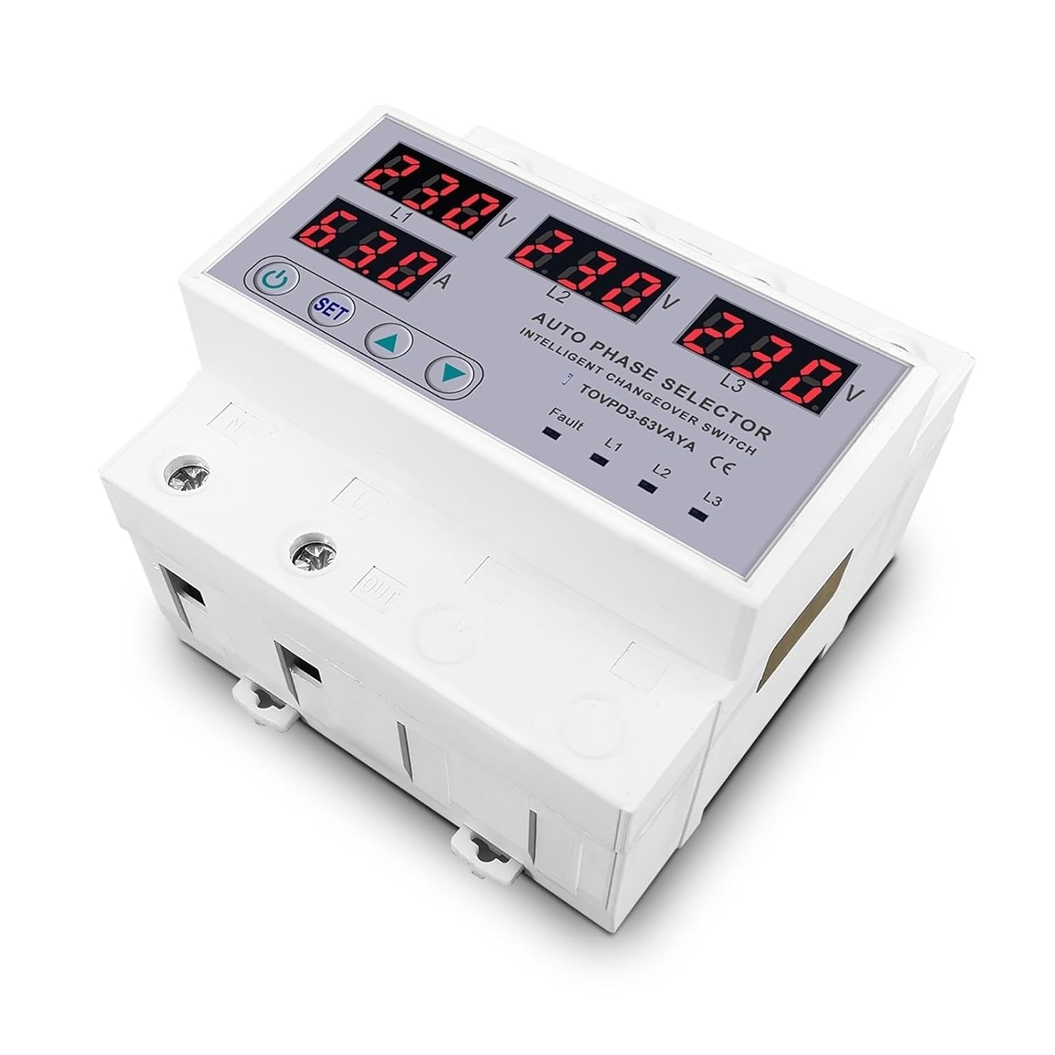 63A 3 Phase 3P+N Din Rail Phase Selector Adjustable Over and Under Voltage Current Protection Monitor Relays Protector 1Pcs