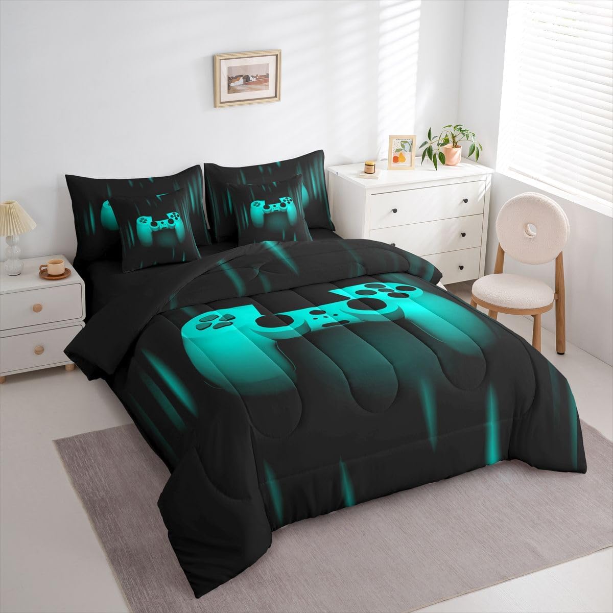 Feelyou Twin Size Gamer Comforter Set Boys Gaming Bedding Set for Kids Teens Teal Black Video Game Gamepad Bed in a Bag Soft 7 Piece Bed Set Includes Comforter, Sheet Set, Pillowcases, Pillow Covers