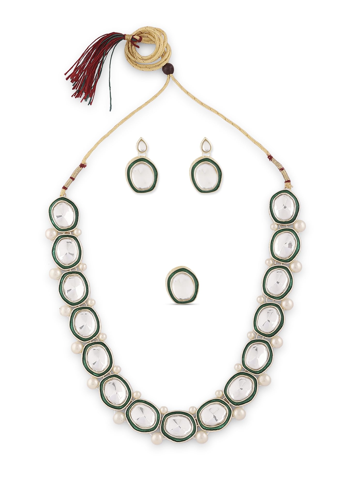 ZAVERI PEARLS Green Enamel & Artificial Stones & Beads Embellished Necklace Earring & Ring Set For Women-ZPFK18683 (B0DCSRS7L1) Amazon Price History, Amazon Price Tracker