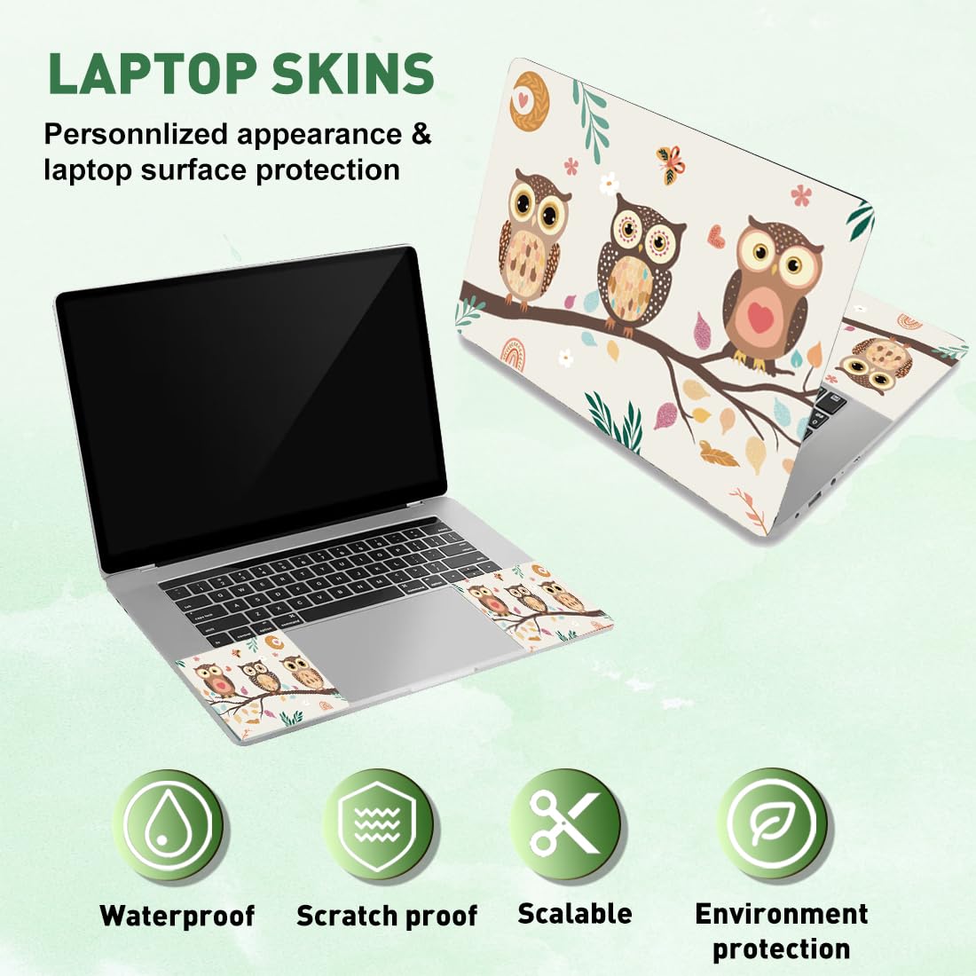 PLIGREAT Gufo Carino sul Ramo Laptop Pelle Adesivo Decalcomanie Vinile Universale Riutilizzabile Notebook Foglie di Fiore Decalcomania Acquerello Bohemien Fiore Foglie Protector Cover per Computer