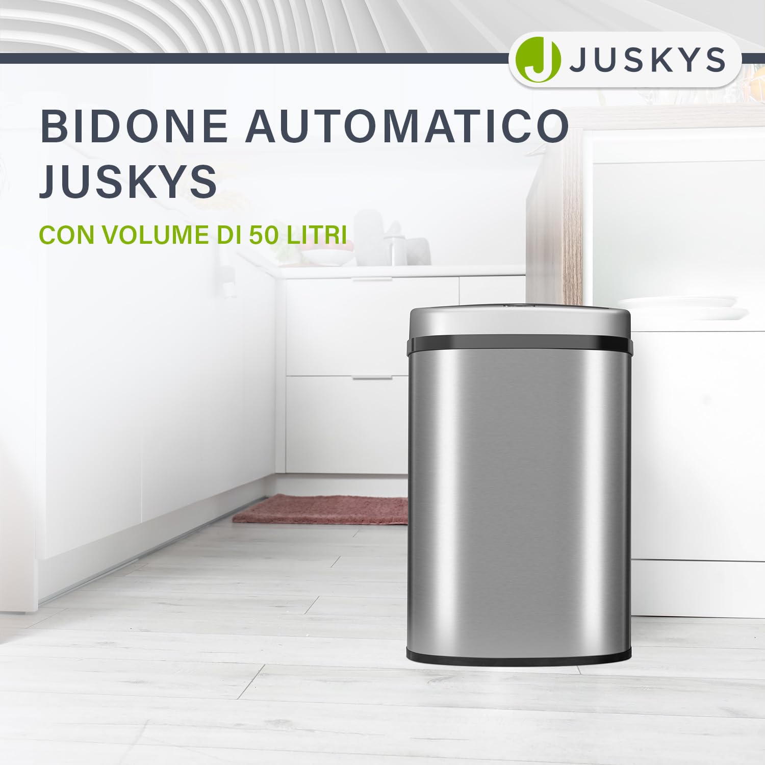 Juskys cestino elettrico e impermeabile da cucina con sensore di movimento, coperchio automatico, forma rettangolare - 50 L - Argento