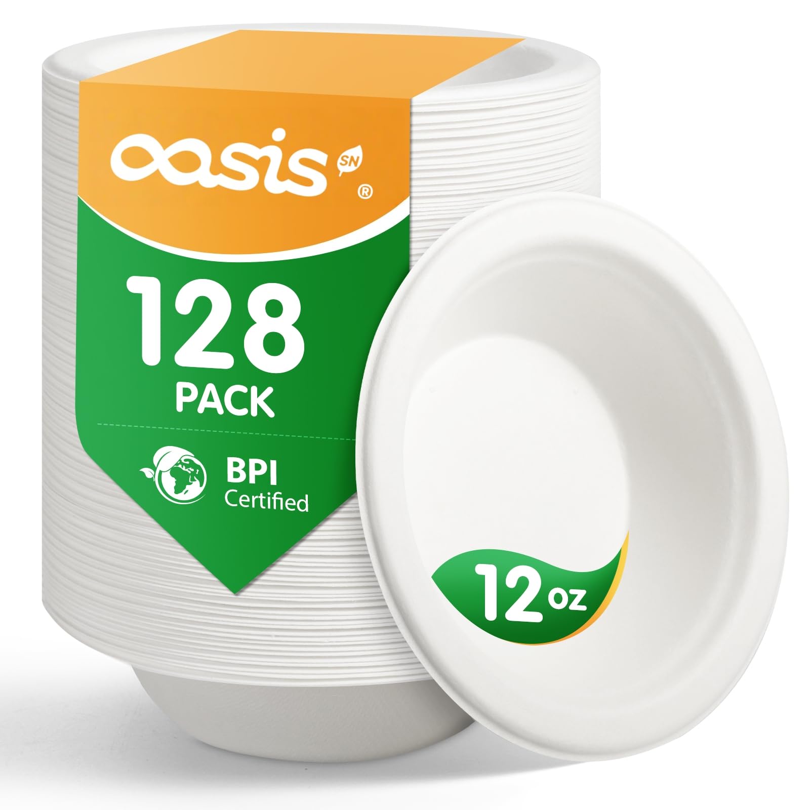 Ciotole di carta compostabili robuste biodegradabili in bagassa, ecologiche, adatte al microonde e al congelatore, 12 oz, 128 pezzi (BPI)