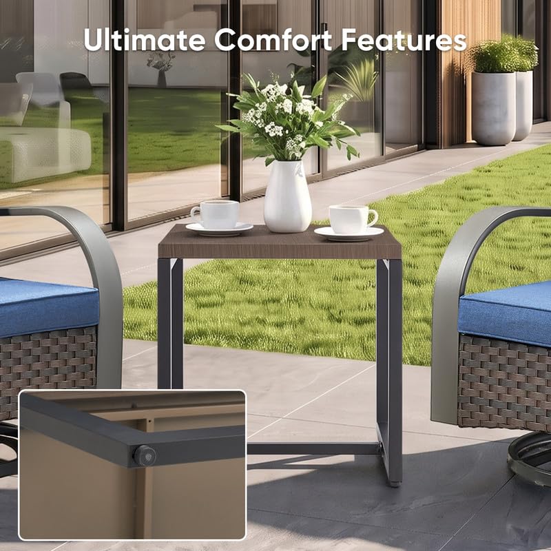Image of 3 Piece Outdoor Patio Wicker Swivel Rocker Chairs with Table, Blue Cushion