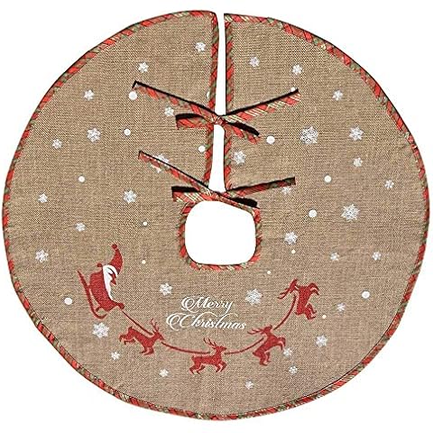 GuiHe 30 Inch Burlap Christmas Tree Skirt Reindeer and White Snowflake Printed Xmas Holiday Tree Ornaments Decoration Cover