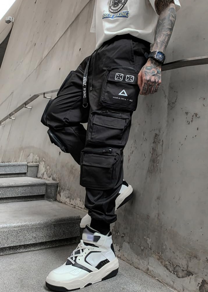 ORANDESIGNE Pantaloni Cargo da Uomo Multitasche Jogger Streetwear con Coulisse Hip Hop Pantaloni da Jogging Casual Teachwear Pantaloni Tattico Nero Urbano Outdoor