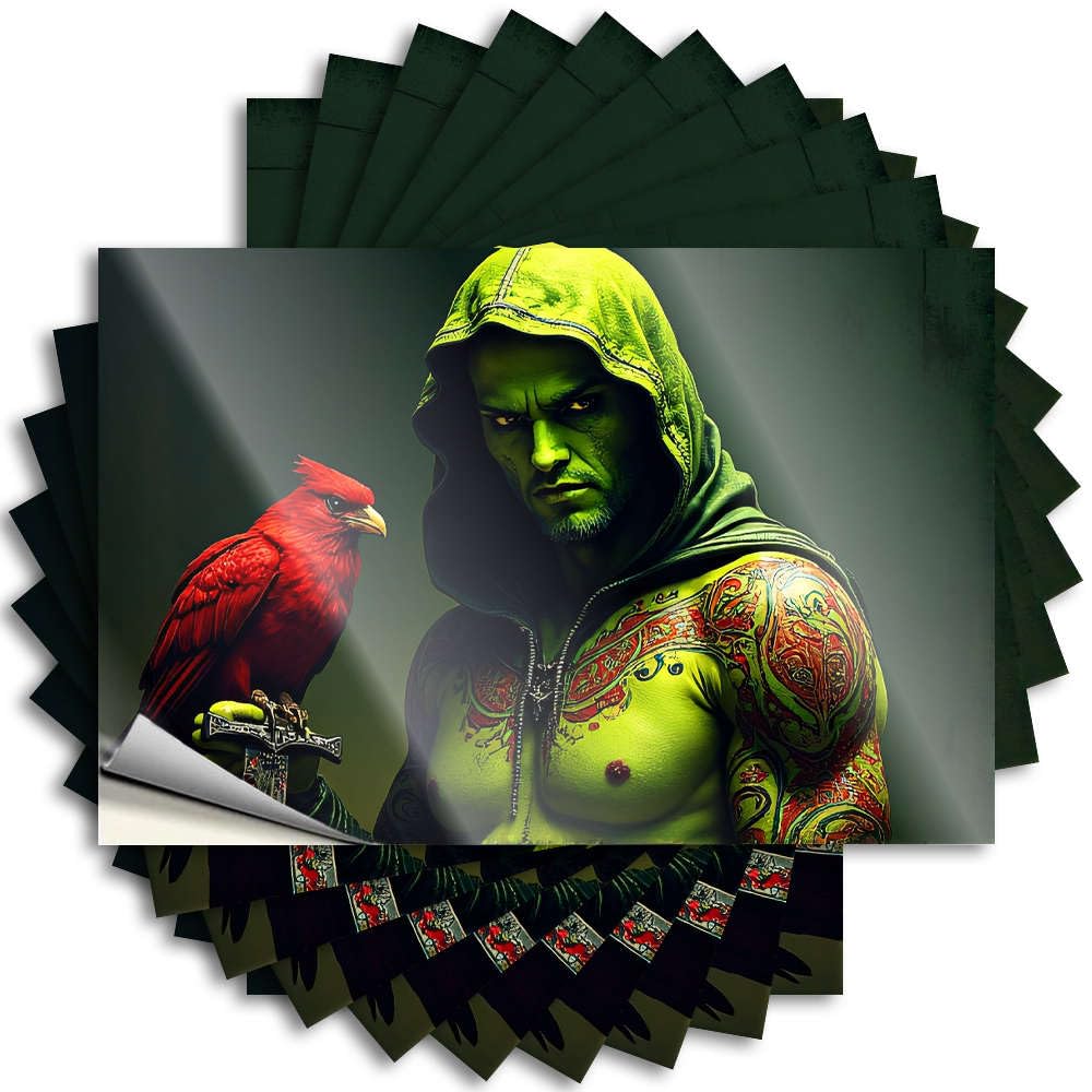 Man CABE Decor Saying Durable Hat | Green Hooded Figure with Vibrant Tattoos and A Red Bird. Retro Self Adhesive Sticker for Man DIY(6X9CM)