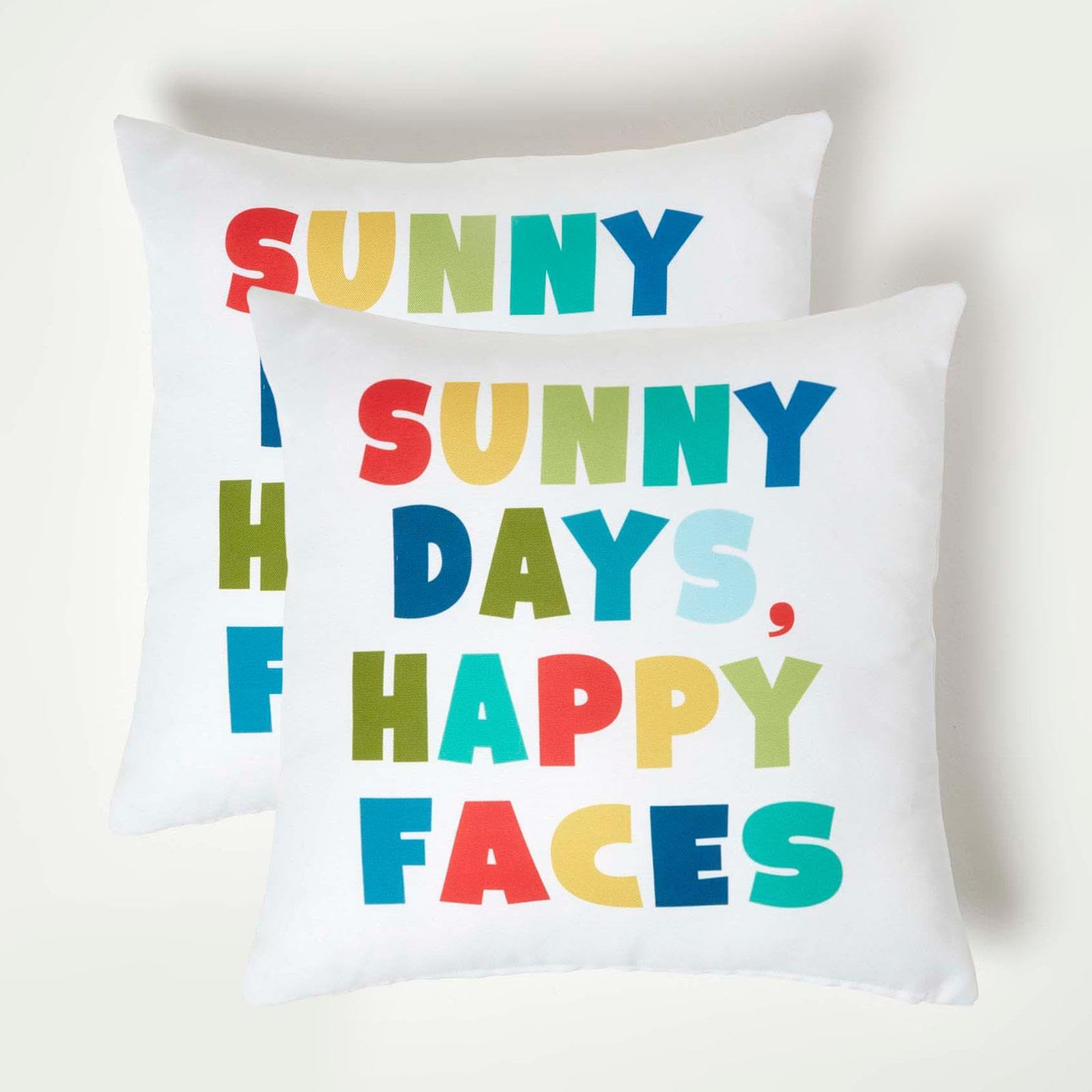 HOMESCAPES Set of 2 Outdoor Cushions Waterproof, Colourful Sunny Days Filled Garden Cushion, Hypoallergenic Polyester, Decorative Pillows for Indoor & Outdoor Patio, Benches & Sofa - 45 x 45cm