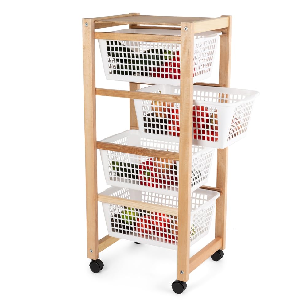 Compactor Carrello con Ruote Portatutto in Faggio con Cesti in Plastica – Carrello Cucina Mobile Salvaspazio 30x44x88 cm