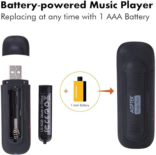 Miniatura 3 de AGPTEK U3 USB Stick Mp3 reproductor de música de 8 GB soporta batería AAA reemplazable grabación radio FM expandible hasta 64 GB negro