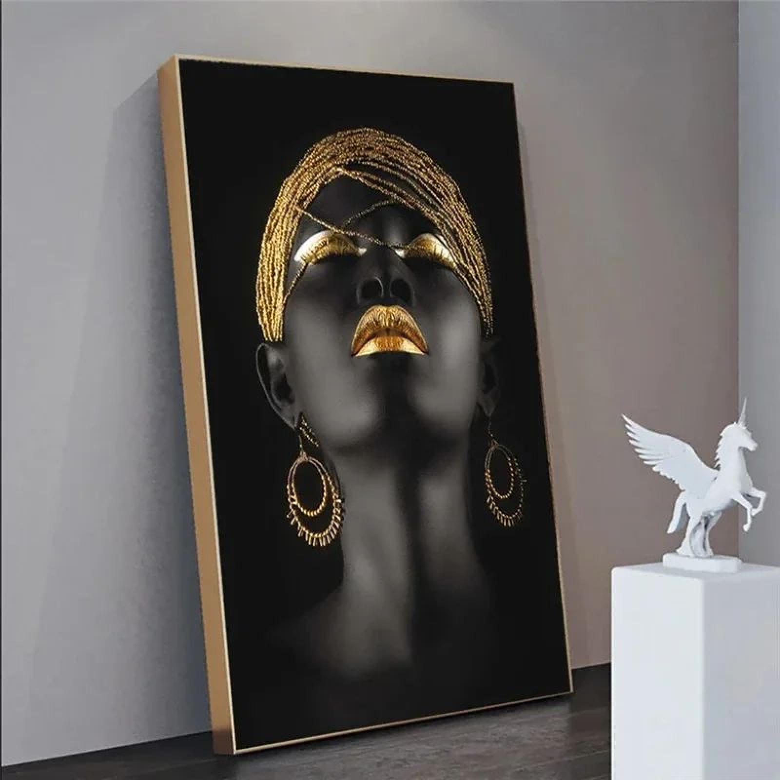 HOLEILUCK African Black Woman with Golden Headdress Canvas Art Posters And Prints Black Girls African American Bathroom Wall Art With Golden Frame 80x140cm/31x55in