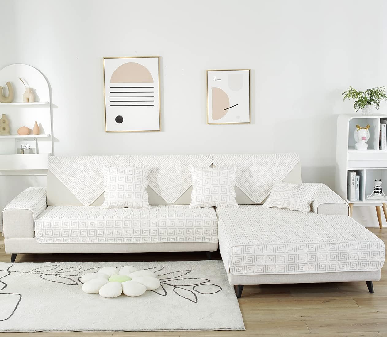 vctops Geometric Embroidery Cotton Sofa Couch Cover Non Slip Quilted Sectional Couch Covers Farmhouse Solid Color Sofa Slipcover for Dogs, Children, Pets Furniture Protector (Cream,28"x70")