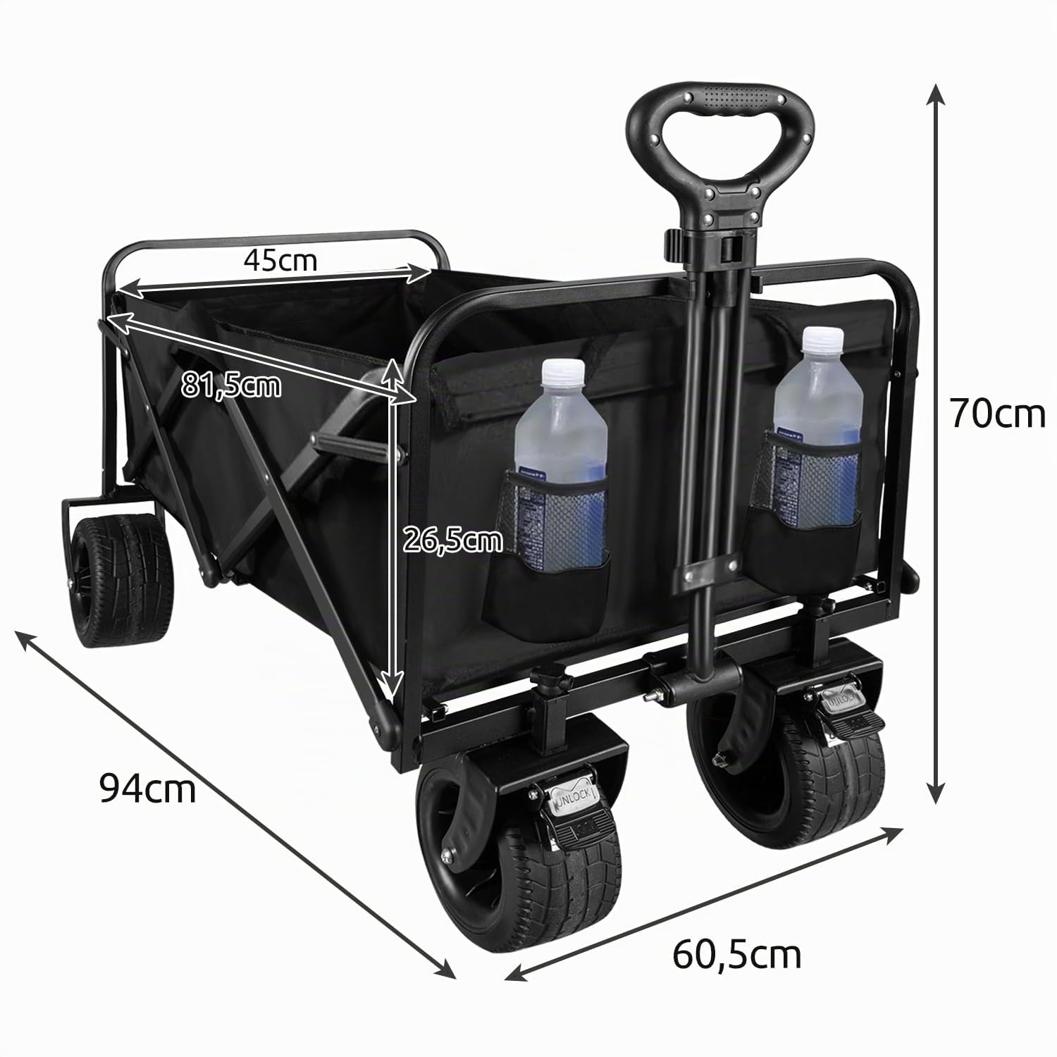 Carrello pieghevole con ruote larghe per giardino, spiaggia, escursioni con freno, manico regolabile – portata 100 kg, volume 75 l