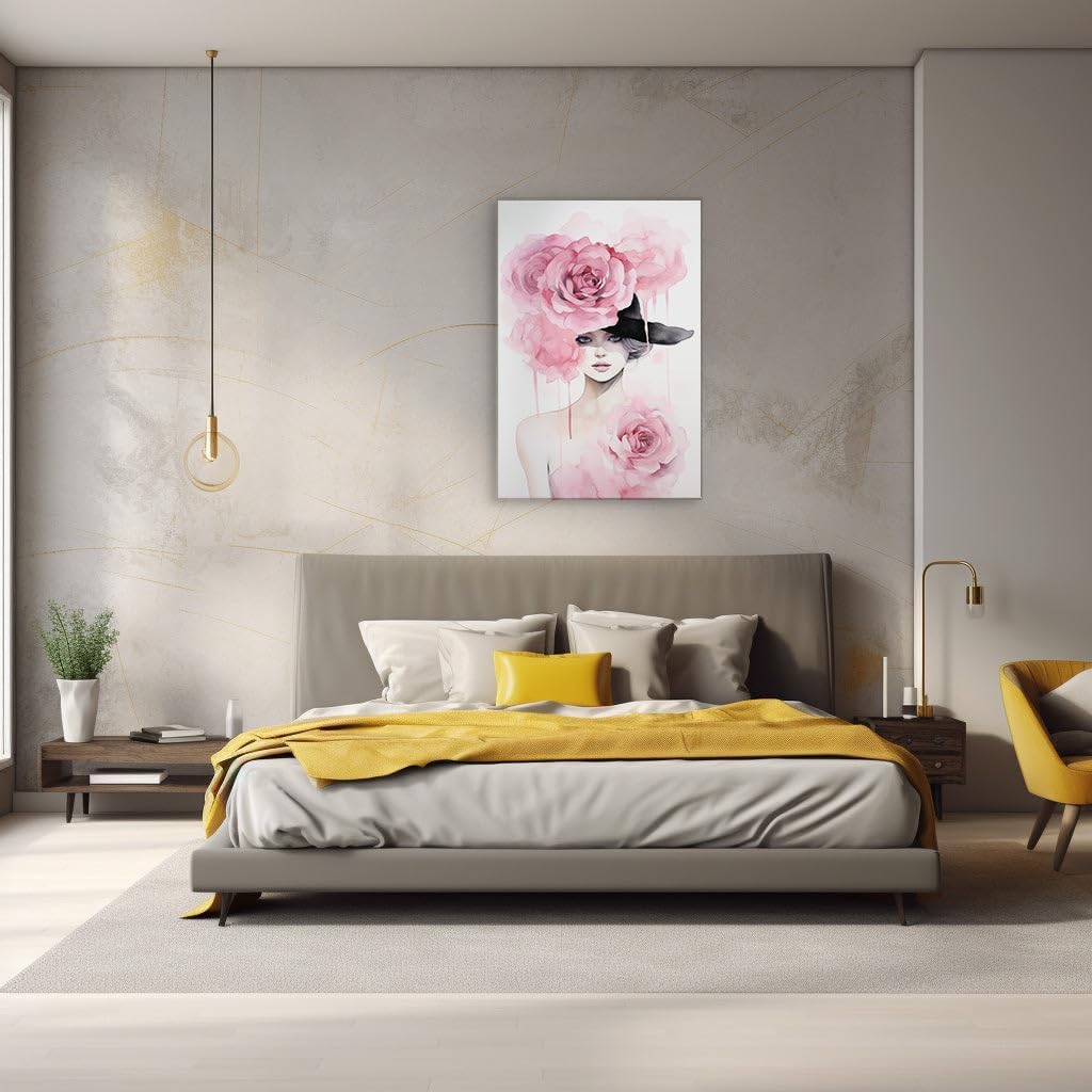 Canvas for Living room. Blooming Elegance: A Whimsical Portrait of a Woman in a Rose Embrace, 27 x 18 inch Canvas Wall Art - Contemporary Masterpieces - Botanical Home Decor - 69x46 cm (27x18 inch)