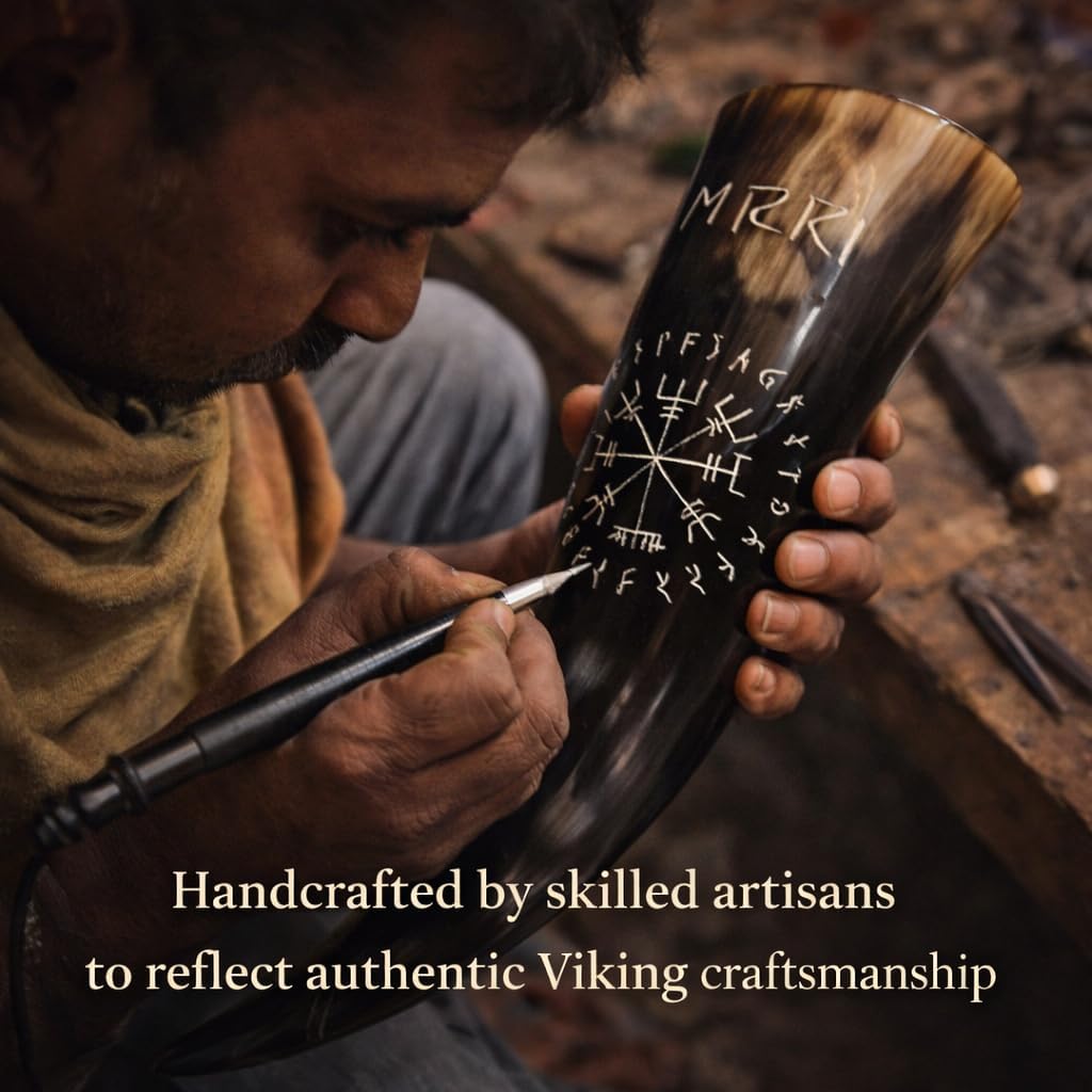 Divit Genuine Viking Drinking Horn with Iron stand | Authentic Medieval Beer Drinking Horn | Brass Adornments & Burlap Gift Sack Included | 16 oz capacity (Rune Horn & Swirl Horn Opener)