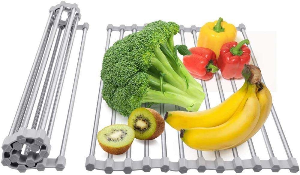 Rejilla para Secar Platos, Escurridor De Platos Plegable Ideal para Frutas, Verduras, Platos, Acero Inoxidable con Revestimiento De Silicona Duradero, 53 X 32 Cm
