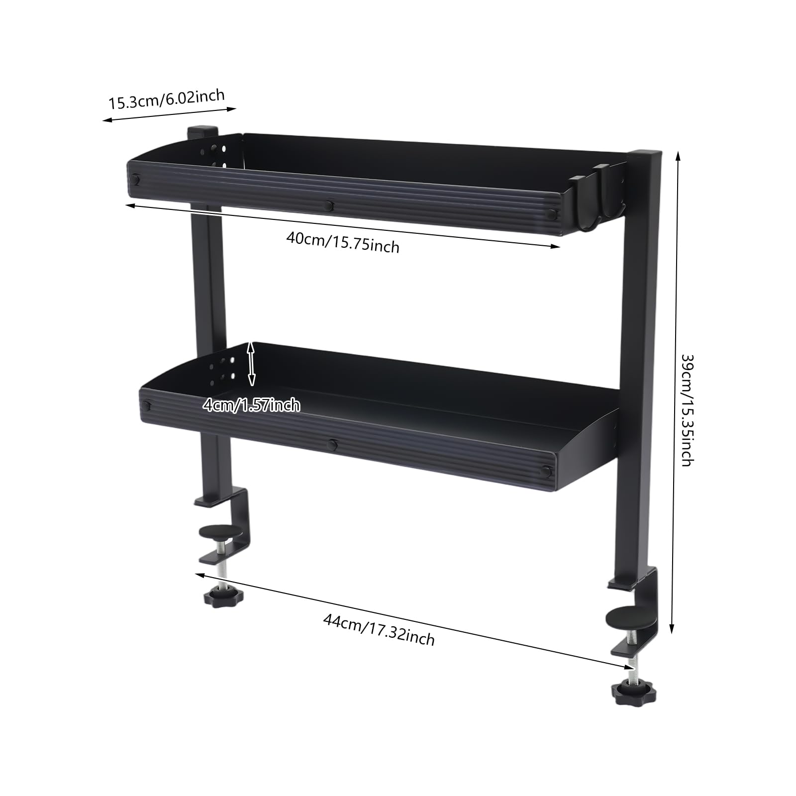 Mensola da scrivania con morsetto, organizer da scrivania a 2 livelli in acciaio al carbonio, spazio senza foratura, capacità 10 kg per livello, installazione rapida per ufficio casa, 44 x 39 x 15 cm