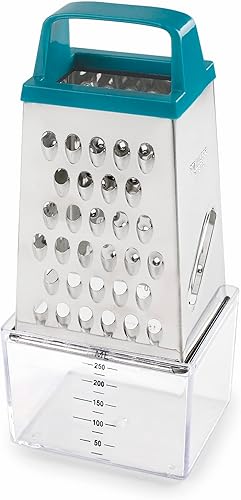 Lacor - 61363 Rallador de cocina con recipiente de acero inoxidable, incluye recipiente para alimentos de 8.5 fl oz, 4 lados de corte fino, medio,