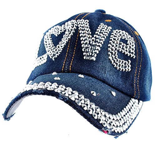 Elonmo Cute Letter Love Baseball Cap Jewel Rhinestone Bling Hats Jeans Wash Denim (Dark Blue) #TOP14