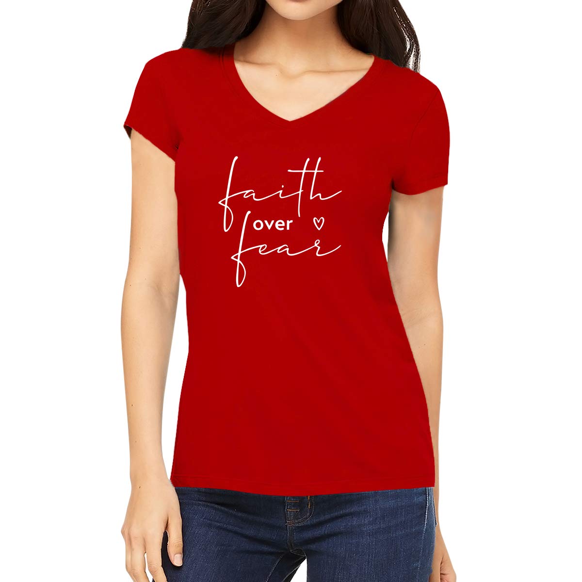 OPLUWomen's Regular Fit Faith Over Fear Cotton Printed V Neck Half Sleeves Trending, Text, Quotes Pootlu Tees and Tshirts (Pooplu_Red_Medium)