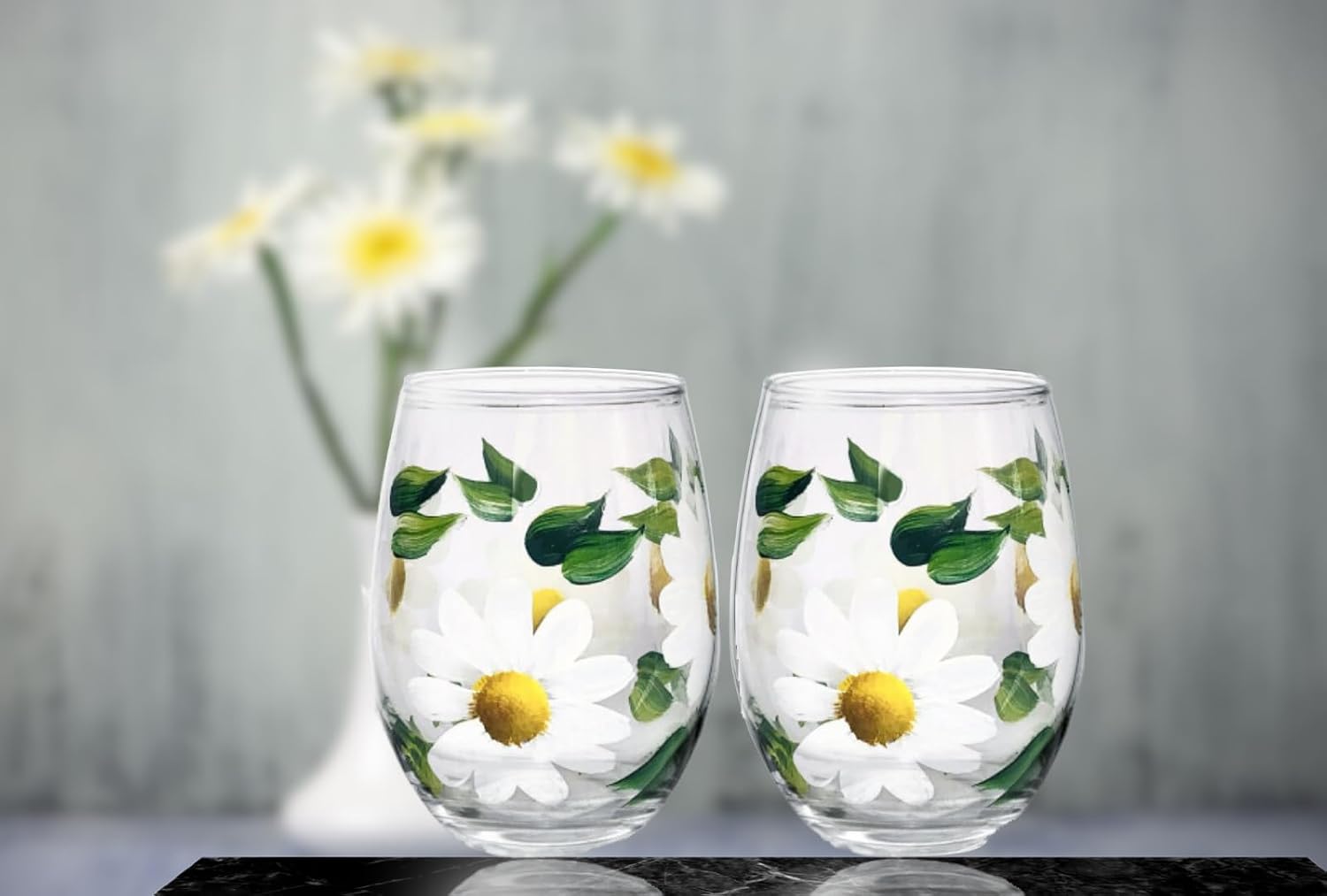 Brushes with a View Hand Painted Daisy Wine Glasses Set of 2, White Floral Stemless Wine Glass, Daisy Gift for Her, 15 oz Spring Summer Glassware