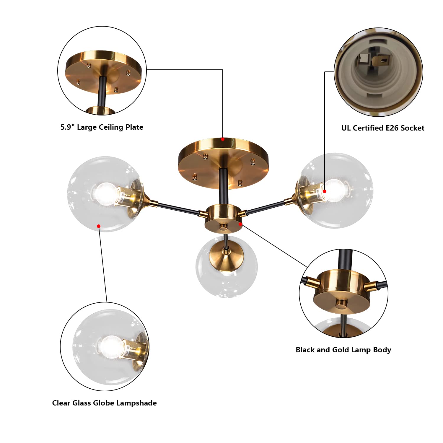 KCO Lighting Mid-Century Modern Semi Flush Mount Ceiling Light 3-Light Clear Glass Bubble Chandelier Black Gold Sputnik Close to Ceiling Light Industrial Semi Flush Mount Ceiling Light (Clear)