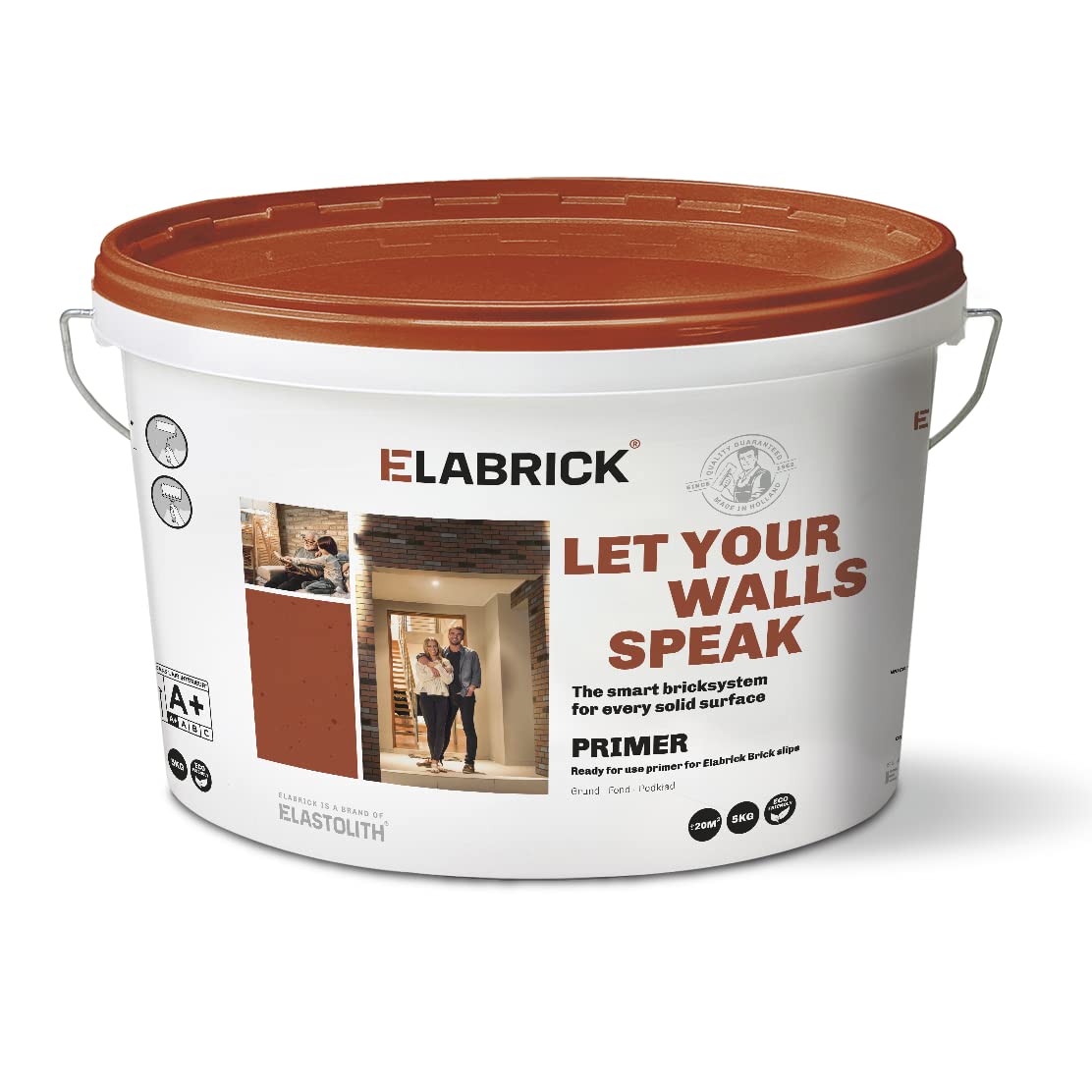 Primer, aggrappante, fondo per mattoni Elabrick, 5kg, pronto all'uso, Bianco. Copre 20m², adatto sia per uso indoor che outdoor.