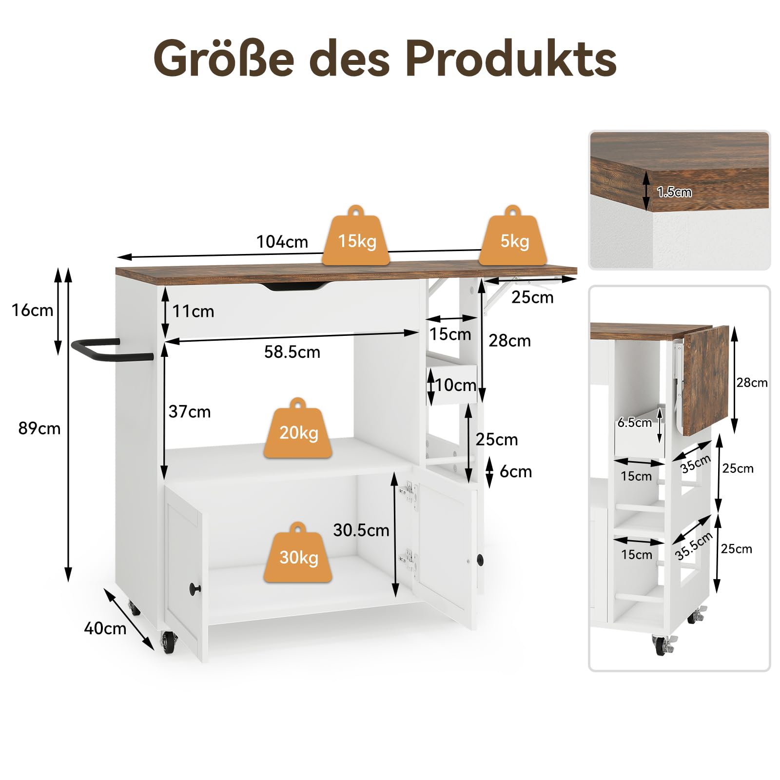 ARTETHYS Kücheninsel mit Klappbarer Arbeitsplatte, Rollwagen mit Schubladen und Türen, Servierwagen, Buffetschrank für Küche, Esszimmer & Outdoor, Weiß