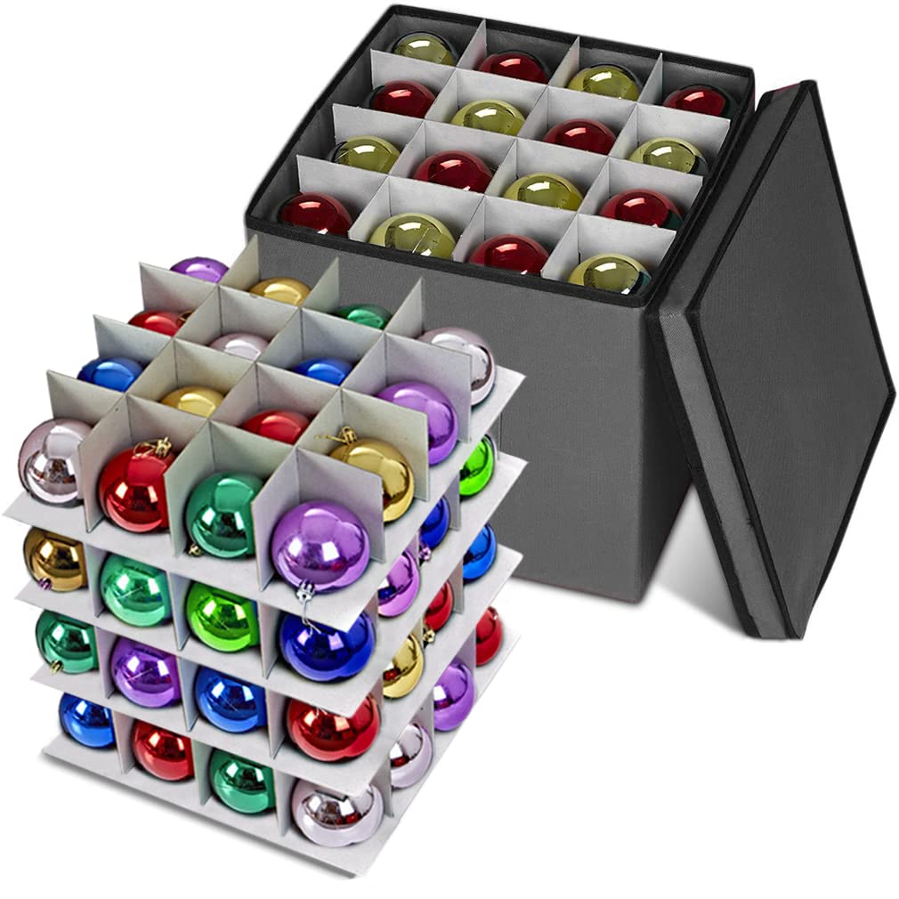 Propik Gray Christmas Ornament Storage Box, 4 Tier Holds Up To 64 Holiday Ornaments Decoration Balls, Storage Container With Dividers, Made With Durable 600D Oxford Polyester Material (Gray)